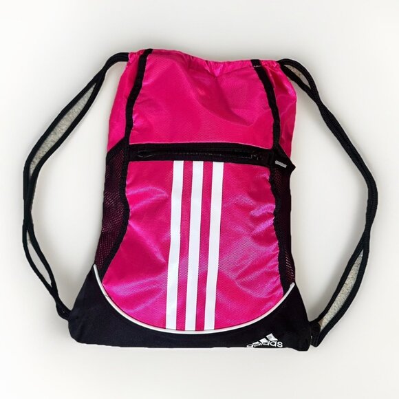 Adidas Backpack Pink And Black Drawstring Rope Style Pull Closure Zipper Pocket - Picture 7 of 10